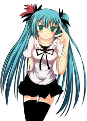 Rule 34 | 1girl, ayane yuu (iro asobi), bad proportions, black thighhighs, blush, bracelet, breasts, female focus, green eyes, green hair, hair ornament, hair ribbon, hatsune miku, jewelry, long hair, matching hair/eyes, ribbon, simple background, skirt, solo, thighhighs, v over eye, vocaloid, white background, world is mine (vocaloid)
