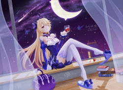 Rule 34 | 1girl, alcohol, arm support, ass, blonde hair, book, book stack, comet, commentary request, crescent, crossed legs, cup, curtains, detached sleeves, drinking glass, fischl (ein immernachtstraum) (genshin impact), fischl (genshin impact), genshin impact, hair over one eye, hair ribbon, highres, holding, holding cup, holy guagua, long hair, long sleeves, looking at viewer, night, night sky, official alternate costume, red eyes, ribbon, sidelocks, sitting, sky, slime (genshin impact), smile, star (sky), starry sky, thighhighs, tiara, white thighhighs, window, wine, wine glass, zettai ryouiki