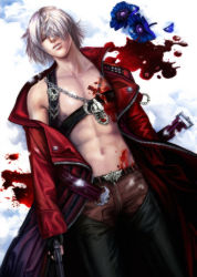 Rule 34 | 00s, 1boy, belt, blood, capcom, chain necklace, chain, dante (devil may cry), devil may cry (series), closed eyes, flower, gloves, gun, injury, jacket, jewelry, kazuo-sama, leather, leather pants, male focus, necklace, pants, pendant, topless male, solo, undressing, weapon