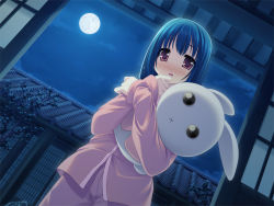 Rule 34 | 1girl, architecture, backlighting, blue hair, blush, east asian architecture, from below, full moon, holding, holding stuffed toy, hugging doll, hugging object, moon, night, original, pajamas, purapa, red eyes, sky, sliding doors, solo, star (sky), starry sky, stuffed animal, stuffed rabbit, stuffed toy