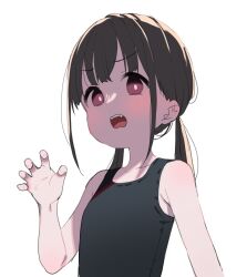 Rule 34 | 1girl, bare arms, bare shoulders, black hair, black one-piece swimsuit, blush, breasts, claw pose, collarbone, commentary request, fang, hand up, highres, long hair, looking at viewer, low twintails, meito (maze), one-piece swimsuit, open mouth, original, red eyes, simple background, small breasts, solo, swimsuit, twintails, upper body, v-shaped eyebrows, white background