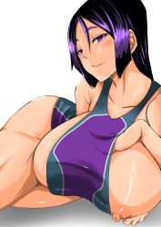 Rule 34 | 1girl, breasts, collarbone, fate/grand order, fate (series), female focus, highres, huge breasts, long hair, lying, megao 3rd, minamoto no raikou (fate), nipple slip, nipples, on side, one-piece swimsuit, puffy nipples, purple eyes, purple hair, purple one-piece swimsuit, sideboob, simple background, solo, swimsuit, white background