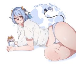 Rule 34 | 1girl, absurdres, animal ears, arm support, blouse, blue hair, blush, bob cut, commission, cow ears, cow horns, cow tail, ear tag, english text, feet out of frame, glasses, heart, highres, horns, looking at viewer, lying, muroku (aimichiyo0526), no nose, no pants, on side, open mouth, original, panties, semi-rimless eyewear, shadow, shirt, short sleeves, skeb commission, solo, striped clothes, striped panties, t-shirt, tail, tareme, thick thighs, thighs, under-rim eyewear, underwear, white shirt