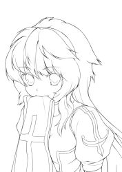 Rule 34 | 1girl, akamaru, blush, closed mouth, eyebrows, greyscale, lineart, long hair, looking at viewer, monochrome, mouth hold, puffy short sleeves, puffy sleeves, ragnarok online, short sleeves, simple background, smile, solo, sweatdrop, towel, upper body, white background