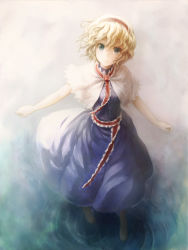 Rule 34 | 1girl, alice margatroid, blonde hair, blue eyes, capelet, dress, female focus, hairband, highres, ikamagu, ikmg, looking at viewer, ripples, short hair, smile, solo, touhou, water