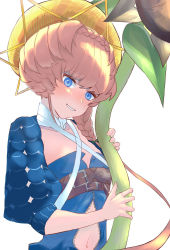 Rule 34 | 1girl, blue eyes, blue overalls, blush, braid, breasts, crown braid, fate/grand order, fate (series), flower, grin, hat, highres, long hair, looking at viewer, navel, orange hair, overalls, puffy sleeves, side braid, small breasts, smile, solo, straw hat, sunflower, tsu ki2, van gogh (fate), yellow hat