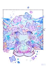 Rule 34 | 1girl, blue flower, blue hair, border, closed mouth, flower, highres, kiato, long hair, looking at viewer, lotus, original, partially submerged, pink flower, solo, upper body, water, white border
