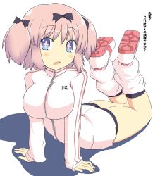 Rule 34 | + +, 10s, 1girl, arched back, arm support, blue eyes, blush, bow, breasts, buruma, enderspain, female focus, hair bow, hair ribbon, hibari (senran kagura), highres, jacket, large breasts, leg warmers, lying, open mouth, pink hair, ribbon, senran kagura, shoes, short hair, short twintails, sneakers, socks, solo, symbol-shaped pupils, thighs, track jacket, twintails, zokubutsu