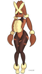 Rule 34 | 1girl, animal feet, animal nose, artist name, bare shoulders, black pantyhose, body fur, brown fur, brown sclera, closed mouth, cocobaemg, colored sclera, creatures (company), crotchless, crotchless pantyhose, female focus, full body, furry, furry female, game freak, gen 4 pokemon, hands up, highres, knees together feet apart, legs, long ears, looking at viewer, lopunny, mega lopunny, mega pokemon, nintendo, own hands together, pantyhose, pink eyes, pokemon, pokemon (creature), rabbit ears, rabbit girl, shrug (clothing), signature, simple background, skindentation, sleeveless, solo, standing, thighs, torn clothes, torn pantyhose, two-tone fur, v-shaped eyebrows, white background, yellow fur