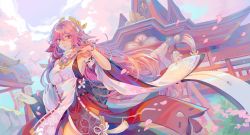 Rule 34 | 1girl, bare shoulders, breasts, building, cherry blossoms, cloud, commentary, cowboy shot, detached sleeves, english commentary, genshin impact, hair between eyes, highres, kirabunni, large breasts, long hair, long sleeves, looking at viewer, outdoors, parted lips, petals, pink hair, purple eyes, red skirt, shirt, sideboob, skirt, solo, standing, very long hair, white shirt, yae miko
