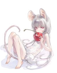 Rule 34 | 1girl, animal ears, barefoot, blush, cherry, colored eyelashes, dress, eating, feet, female focus, food, fruit, highres, holding, holding food, looking at viewer, lying, mini person, minigirl, mouse ears, mouse girl, mouse tail, nenena, original, pink eyes, silver hair, simple background, solo, tail, white background, white dress