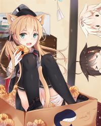 Rule 34 | &gt; &lt;, 10s, 3girls, :3, ahoge, anchor hair ornament, animal ears, artist name, black hair, black legwear, black ribbon, blonde hair, blurry, blush, box, cameltoe, cardboard box, cat ears, depth of field, doughnut, closed eyes, fang, feet, food, french cruller, gloves, green eyes, hair between eyes, hair flaps, hair ornament, hair ribbon, hairclip, hand up, hat, highres, holding, holding food, in box, in container, kantai collection, knees up, legs together, looking at viewer, low twintails, military, military hat, military uniform, multiple girls, nahaki, no shoes, open mouth, panties, prinz eugen (kancolle), remodel (kantai collection), ribbon, shigure (kancolle), signature, sin-poi, thighhighs, thighs, toes, twintails, underwear, uniform, whale, white gloves, white panties, yuudachi (kancolle), | |