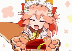 Rule 34 | 10s, 1girl, :d, animal ears, animal hands, bell, blush, bow, box, brown collar, cat hair ornament, closed eyes, collar, commentary request, facing viewer, fangs, fate/extra, fate/grand order, fate (series), fox ears, fox girl, fox tail, gift, gift box, gloves, hair between eyes, hair bow, hair ornament, holding, holding gift, jingle bell, long hair, maid headdress, neck bell, open mouth, outstretched arms, paw gloves, red bow, robisonjr, smile, solo, tail, tamamo (fate), tamamo cat (fate), tamamo cat (third ascension) (fate), valentine