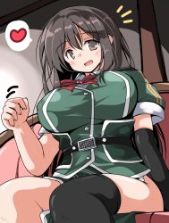 Rule 34 | 10s, 1girl, arm warmers, black gloves, black thighhighs, breasts, brown hair, chikuma (kancolle), clenched hand, gloves, heart, kantai collection, large breasts, looking at viewer, no panties, open mouth, pelvic curtain, sitting, skirt, smile, solo, spoken heart, thighhighs, tsuzuri (tuzuri)