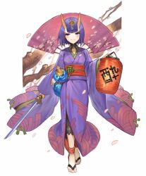 Rule 34 | 1girl, absurdres, akizone, ankle ribbon, barefoot, black choker, blush, bob cut, bottle, cherry blossoms, choker, commentary, eyelashes, fang, fate/grand order, fate (series), full body, gem, hair ornament, hand fan, highres, holding, holding lantern, holding sword, holding weapon, horns, japanese clothes, katana, kimono, lantern, leg ribbon, long sleeves, looking at viewer, obi, oni, outside border, paper fan, paper lantern, petals, purple eyes, purple hair, ribbon, sash, short hair, shuten douji (fate), skin-covered horns, smile, solo, standing, sword, thick eyebrows, weapon, white background, wide sleeves
