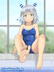Rule 34 | 1girl, animal ears, barefoot, blue one-piece swimsuit, breasts, commentary request, competition school swimsuit, ear covers, grey hair, highres, hishi miracle (umamusume), horse ears, horse girl, looking at viewer, medium breasts, medium hair, one-piece swimsuit, paburofu, poolside, school swimsuit, sitting, solo, swimsuit, tracen swimsuit, umamusume, water, yellow eyes