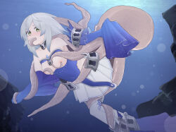Rule 34 | 1girl, absurdres, bare shoulders, blue dress, breasts, breasts out, dress, duel monster, full body, grey hair, highres, masaki (yuuuunno), medium breasts, octopus, rock, short hair, skirt, sleeves past wrists, solo, swimming, tearlaments merrli, tentacle grab, tentacle in mouth, thighhighs, torn clothes, underwater, white skirt, white thighhighs, yu-gi-oh!