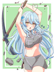 Rule 34 | 1girl, ahoge, alternate costume, armpits, arms up, blue hair, blue nails, blush, breasts, cowboy shot, craftopia, crop top, flower, fuusuke (fusuke208), green background, grey skirt, hair between eyes, hair flower, hair ornament, half updo, heart, heart ahoge, highres, holding, holding pickaxe, hololive, large breasts, light blue hair, long hair, looking at viewer, midriff, miniskirt, multicolored hair, nail polish, navel, open mouth, pickaxe, pink hair, pointy ears, rock, rubble, side slit, simple background, skirt, solo, streaked hair, twitter username, two-tone hair, virtual youtuber, yellow eyes, yukihana lamy