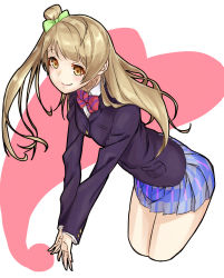 Rule 34 | 10s, 1girl, bad id, bad pixiv id, blazer, bow, bowtie, brown hair, cropped legs, green bow, hair bow, heart, highres, jacket, leaning forward, long hair, long sleeves, love live!, love live! school idol project, minami kotori, own hands together, pleated skirt, rolua, school uniform, side ponytail, skirt, smile, solo, v arms, yellow eyes