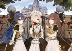Rule 34 | 3girls, :o, alternate costume, apple, apron, autumn leaves, azur lane, bag, baguette, black bow, black dress, black nails, blush, bow, braid, bread, brick wall, bridal gauntlets, brown eyes, brown hair, building, closed mouth, cloud, day, dress, enmaided, falling leaves, fangs, female focus, flower, food, frilled apron, frilled sleeves, frills, fruit, gate, grey hair, groceries, grocery bag, hair between eyes, hair bow, hair flower, hair ornament, hair over one eye, harutsuki (azur lane), highres, holding, holding food, holding fruit, leaf, long hair, maid, maid headdress, maya g, multicolored hair, multiple girls, nail polish, hugging object, open mouth, outdoors, plant, ponytail, puffy short sleeves, puffy sleeves, red apple, red flower, red rose, rolling suitcase, rose, sheffield (azur lane), shopping bag, short hair, short sleeves, sky, standing, streaked hair, suitcase, tree, very long hair, white apron, white hair, wrist cuffs, yoizuki (azur lane)