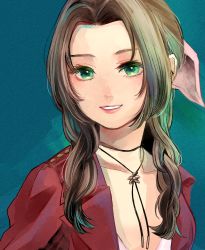 Rule 34 | 1girl, absurdres, aerith gainsborough, blue background, bow, brown hair, final fantasy, final fantasy vii, final fantasy vii remake, green eyes, hair bow, highres, jewelry, long hair, looking at viewer, necklace, pink bow, red shirt, richard-kun, shirt, smile, solo, upper body