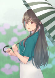 Rule 34 | 1girl, blue shirt, blurry, blurry background, breasts, brown eyes, day, grey hair, hair between eyes, hair ornament, hairband, hairclip, haruna (kancolle), highres, holding, holding umbrella, kantai collection, long hair, official alternate costume, open mouth, outdoors, porupurucha, rain, shirt, skirt, solo, umbrella, white skirt
