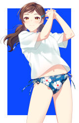 1girl alternate_hairstyle bikini blue_background blush border breasts brown_eyes brown_hair commentary cowboy_shot dot_nose floral_print_bikini hair_ornament hairpin idolmaster idolmaster_million_live! idolmaster_million_live!_theater_days kitazawa_shiho light_smile long_hair looking_at_viewer medium_breasts navel outside_border own_hands_clasped own_hands_together parted_bangs shirt short_sleeves side-tie_bikini_bottom sidelocks solo standing swimsuit symbol-only_commentary touon twintails wavy_hair white_border white_shirt