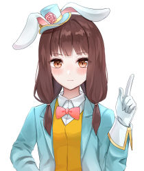 Rule 34 | 1girl, absurdres, animal ears, blunt bangs, blush, bow, bowtie, brown eyes, brown hair, brown vest, closed mouth, collared shirt, commentary request, flower, gloves, green jacket, grey background, hat, hat flower, highres, iino miko, index finger raised, jacket, kaguya-sama wa kokurasetai ~tensai-tachi no renai zunousen~, long hair, long sleeves, looking at viewer, low twintails, mini hat, mini top hat, pink flower, ponzu (udon), rabbit ears, shirt, simple background, solo, top hat, twintails, upper body, vest, white gloves