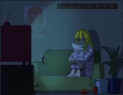 Rule 34 | 1boy, alternate costume, azusa (cookie), bad id, bad twitter id, barefoot, black eyes, blonde hair, bow, braid, can, closed mouth, commentary request, cookie (touhou), couch, dark room, drink can, expressionless, full body, genderswap, genderswap (ftm), hair bow, hugging own legs, indoors, kirisame marisa, long hair, long sleeves, male focus, ohasi, pajamas, pants, plant, poster (object), potted plant, purple pajamas, purple pants, purple shirt, rei (cookie), shirt, side braid, single braid, soda can, solo, television, touhou, trap, trash can, watching television, white bow