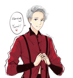 Rule 34 | 10s, 1boy, 2017, artist name, blouse, blue eyes, collared shirt, dated, dorris, dressing, english text, highres, jewelry, male focus, red shirt, ring, shirt, silver hair, smile, solo, suspenders, viktor nikiforov, white background, yuri!!! on ice