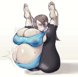 Rule 34 | 1girl, barefoot, breasts, feet, female ejaculation, female focus, full body, hellbrain, highres, huge breasts, lactation, lactation through clothes, looking at viewer, maternity underwear, nintendo, pants, ponytail, pregnant, solo, steam, sweat, veins, wii fit, wii fit trainer, yoga, yoga pants