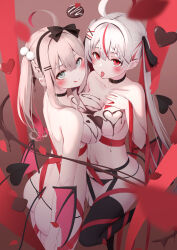 Rule 34 | 2girls, :q, absurdres, ahoge, albino, ass, black collar, black panties, black thighhighs, blush, bound, bow, braid, breast press, breasts, butt crack, chocolate, chocolate on body, chocolate on breasts, collar, demon tail, food on body, from above, garter belt, grey eyes, grey hair, hair between eyes, hair bow, hair ornament, hair ribbon, highres, long hair, looking at viewer, medium breasts, multiple girls, nyan (reinyan 007), original, panties, pointy ears, pom pom (clothes), pom pom hair ornament, red eyes, ribbon, ribbon bondage, symmetrical docking, tail, thighhighs, thong, tongue, tongue out, topless, twintails, underwear, very long hair, white hair, yuri