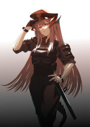 Rule 34 | 1girl, absurdres, adjusting clothes, adjusting headwear, arknights, black gloves, closed mouth, dragon girl, dragon horns, dragon tail, feet out of frame, gloves, grey hair, hand on own hip, hat, highres, horns, long hair, looking at viewer, military, military uniform, official alternate costume, orange eyes, piercing, police, police uniform, saria (arknights), saria (the law) (arknights), single glove, sleeves rolled up, solo, tail, uniform, very long hair, zxk626