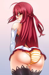 Rule 34 | 1girl, ass, bare shoulders, black thighhighs, blush, cameltoe, detached sleeves, elesis (elsword), elsword, from behind, half updo, long hair, looking back, open mouth, panties, pinyshi, red hair, skirt, solo, striped clothes, striped panties, thighhighs, underwear, upskirt, yellow eyes