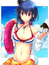 Rule 34 | 10s, 1girl, bikini, black hair, blush, breasts, cleavage, contrail, food, hair between eyes, hair ornament, highres, holding, holding swim ring, innertube, kantai collection, looking at viewer, momoiro, navel, outside border, red eyes, sarong, shaved ice, short hair, side-tie bikini bottom, solo, swim ring, swimsuit, yamashiro (kancolle)