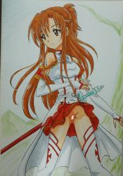 Rule 34 | 1girl, absurdres, ashigaki radar, asuna (sao), braid, breasts, brown eyes, brown hair, censored, cross, detached sleeves, dress, french braid, highres, large breasts, long hair, long sleeves, looking to the side, mountain, no panties, ponytail, pussy, rapier, red skirt, scabbard, sheath, sheathed, skirt, sleeveless, sleeveless dress, smile, standing, sword, sword art online, thighhighs, tree, weapon, white background, white dress, white thighhighs, wind, wind lift