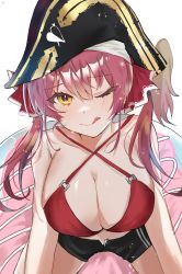 Rule 34 | 1girl, ;d, artist name, bare shoulders, bikini, bikini top only, breasts, cleavage, eyelashes, hailiu, hair between eyes, hair ornament, halterneck, hat, highres, hololive, houshou marine, houshou marine (summer), innertube, large breasts, low twintails, one eye closed, open mouth, pirate, pirate hat, red bikini, red hair, short shorts, shorts, simple background, smile, sparkle, spread legs, sweatdrop, swim ring, swimsuit, twintails, virtual youtuber, white background, yellow eyes