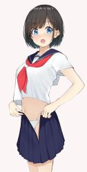 Rule 34 | 1girl, :o, black hair, blue eyes, blue sailor collar, blue skirt, blush, breasts, commentary request, crop top, crop top overhang, grey background, groin, highres, holding, looking at viewer, medium breasts, midriff, mottsun (i 40y), navel, neckerchief, open mouth, original, panties, pleated skirt, sailor collar, school uniform, serafuku, shirt, short hair, short sleeves, sidelocks, sketch, skirt, solo, standing, tareme, underwear, unfinished, white panties, white shirt