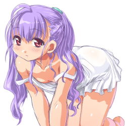 Rule 34 | 10s, 1girl, ahoge, all fours, bad id, bad pixiv id, bare shoulders, busou shinki, collarbone, dd (ijigendd), downblouse, dress, flat chest, hair ornament, long hair, open mouth, purple hair, red eyes, simple background, solo, white background, yda
