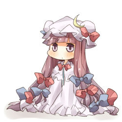 1girl bad_id bad_pixiv_id bow chibi crescent female_focus full_body hair_bow hat long_hair pasutel patchouli_knowledge purple_eyes purple_hair solo touhou white_background