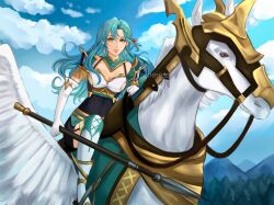Rule 34 | 1girl, aqua hair, armor, bare shoulders, blue sky, boots, braid, breastplate, breasts, chloe (fire emblem), cleavage, cloud, commentary, day, elbow gloves, fire emblem, fire emblem engage, gloves, green eyes, highres, holding, holding polearm, holding weapon, long hair, looking at viewer, medium breasts, nintendo, pauldrons, pegasus, polearm, riding, schereas, shoulder armor, sky, smile, solo, spear, very long hair, weapon, white footwear, white gloves