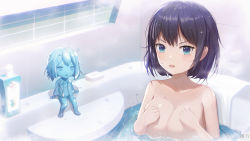 Rule 34 | 2girls, absurdres, bad id, bad pixiv id, bar soap, bathtub, black hair, blue eyes, collarbone, commentary, covering privates, covering breasts, highres, indoors, looking at viewer, multiple girls, nude, open mouth, original, short hair, water, yuxing yuhang
