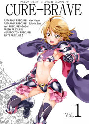 Rule 34 | 00s, 1girl, :d, adapted costume, ahoge, alternate costume, armor, armored boots, armpits, bikini armor, black footwear, black thighhighs, blush, boots, breasts, cape, child, clenched hand, copyright name, cure black, earrings, english text, eyelashes, flat chest, futari wa precure, gloves, happy, holding, holding sword, holding weapon, jewelry, kurose kousuke, leg up, looking at viewer, magical girl, matching hair/eyes, midriff, misumi nagisa, navel, open mouth, orange eyes, orange hair, precure, sabaton, short hair, shoulder pads, simple background, small breasts, smile, solo, standing, standing on one leg, stomach, sword, teeth, thigh boots, thighhighs, weapon, white background
