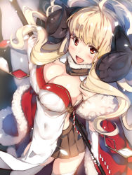Rule 34 | 10s, 1girl, :d, ahoge, anila (granblue fantasy), blonde hair, blush, breasts, cleavage, draph, female focus, granblue fantasy, horns, large breasts, long hair, looking at viewer, open mouth, red eyes, skirt, smile, solo, yuuji (yukimimi)