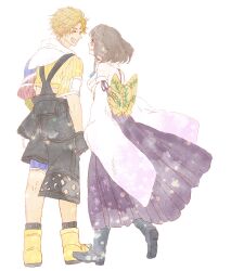 Rule 34 | 1boy, 1girl, arm ribbon, asymmetrical arms, asymmetrical legwear, back bow, black footwear, black gloves, black overalls, black socks, blonde hair, blue eyes, blush, boots, bow, brown hair, closed eyes, commentary, couple, cropped jacket, detached sleeves, dress, facing away, final fantasy, final fantasy x, floral print, gloves, happy, highres, holding hands, hood, hood down, hooded jacket, jacket, japanese clothes, long dress, long sleeves, looking at another, looking back, midriff peek, open mouth, overalls, pleated dress, purple dress, purple ribbon, ribbon, sash, short hair, simple background, smile, socks, standing, tidus, utai yumi, walking, white background, yellow bow, yellow footwear, yellow jacket, yellow sash, yuna (ff10)