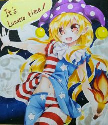 Rule 34 | 1girl, absurdres, akatukido, american flag dress, american flag legwear, blonde hair, catchphrase, clownpiece, cowboy shot, dress, fairy wings, fire, full body, hat, highres, jester cap, long hair, looking at viewer, navel, neck ruff, pantyhose, pointy ears, polka dot, red eyes, short dress, short sleeves, sky, smile, solo, star (sky), star (symbol), star print, starry sky, striped, torch, touhou, traditional media, very long hair, wings