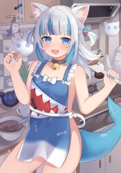 Rule 34 | 1girl, :d, absurdres, apron, bell, black choker, bloop (gawr gura), blue apron, blue eyes, blue hair, blue nails, breasts, choker, commentary request, cowboy shot, food, gawr gura, grey hair, hair ornament, highres, holding, holding food, holding spatula, hololive, hololive english, jingle bell, kitchen, long hair, looking at viewer, multicolored hair, nail polish, naked apron, neck bell, nekopurin (nyanko prin), open mouth, print apron, shark hair ornament, shark print, sharp teeth, small breasts, smile, solo, spatula, teeth, two-tone hair, two side up, upper teeth only, virtual youtuber