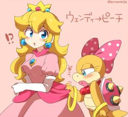 Rule 34 | !?, 2girls, artist name, blonde hair, blue eyes, blush, bow, dress, dress grab, earrings, elbow gloves, eromame, eyelashes, gloves, hair bow, jewelry, large bow, long hair, looking at another, mario (series), multiple girls, necklace, nintendo, open mouth, pink background, pink dress, polka dot, polka dot bow, princess peach, puffy sleeves, sidelocks, simple background, sphere earrings, spikes, surprised, tiara, translated, wendy o. koopa