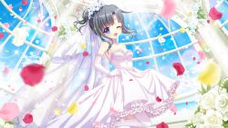 Rule 34 | 1girl, bare shoulders, black hair, blue eyes, blue sky, breasts, bridal veil, bride, cleavage, day, dot nose, dress, elbow gloves, film grain, flower, from below, game cg, gloves, hair flower, hair ornament, holding, holding clothes, holding skirt, itsumura yukari, izumi tsubasu, jewelry, lens flare, medium breasts, medium hair, necklace, non-web source, official art, one eye closed, open mouth, pearl necklace, petals, re:stage!, rose, rose petals, skirt, sky, smile, solo, sparkle, standing, standing on one leg, strapless, strapless dress, thighhighs, veil, wedding, wedding dress, white dress, white flower, white gloves, white rose, white thighhighs, white trim, window, zettai ryouiki