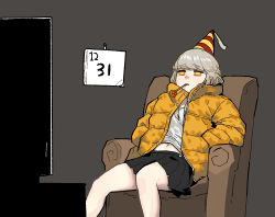 Rule 34 | 1girl, armchair, black skirt, braid, calendar (object), chair, closed mouth, commentary, empty eyes, gogalking, grey background, grey hair, hat, highres, jacket, jitome, junior (gogalking), midriff, miniskirt, navel, new year, new year&#039;s eve, open clothes, open jacket, original, party hat, party horn, pleated skirt, sad, shirt, simple background, sitting, skirt, solo, symbol-only commentary, television, white shirt, yellow eyes, yellow jacket